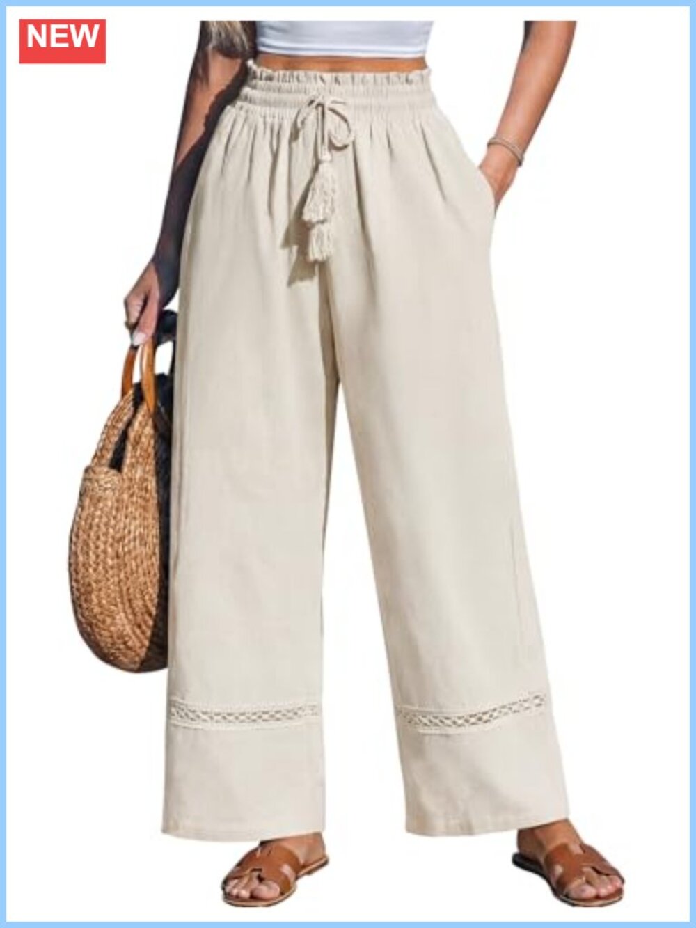 Womens Wide Leg Linen Blend Palazzo Pants High Waisted Drawstring